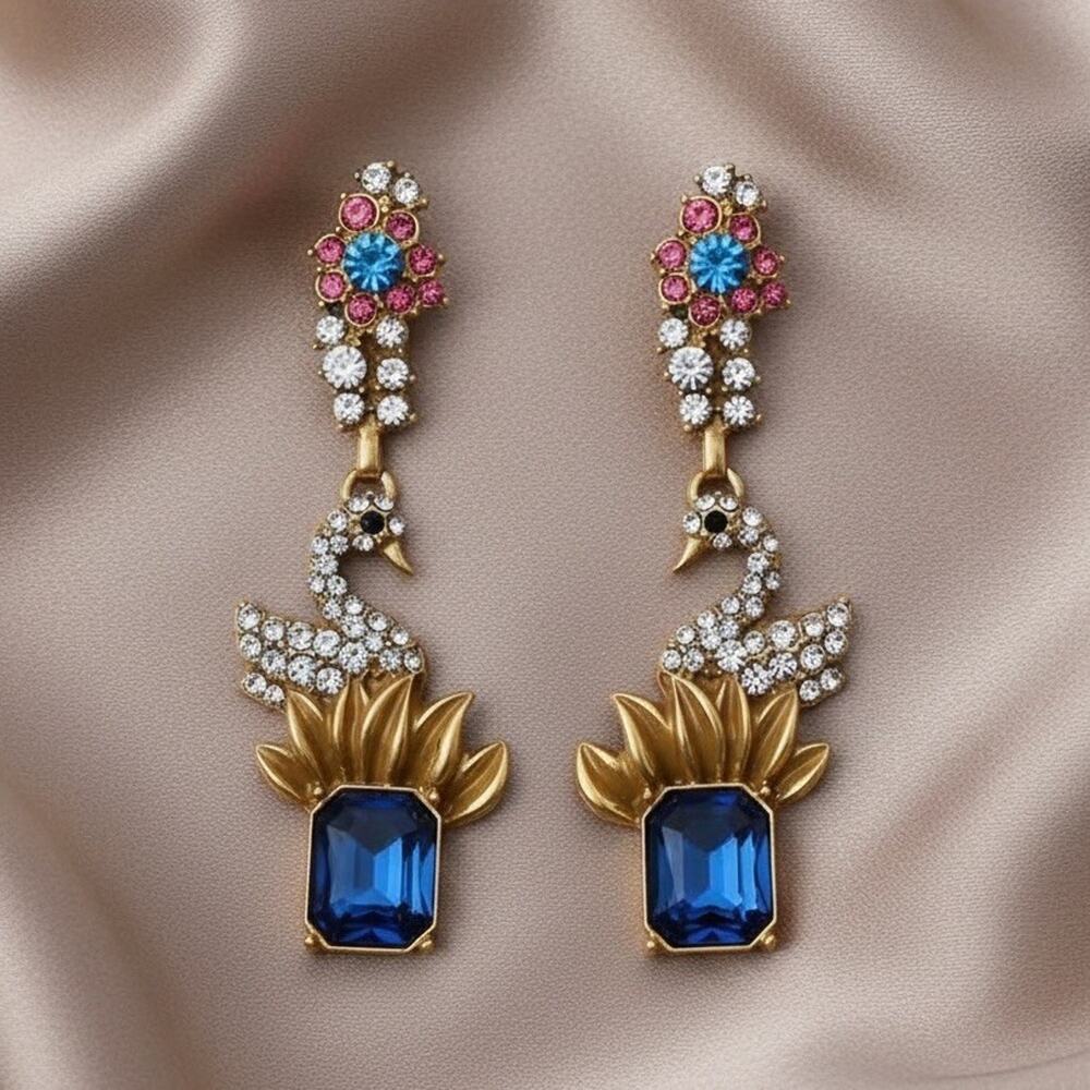 Museum Swan Bird Earrings Flower Lotus Antique Retro VTG Gold Court CZ Boho Art